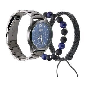 American Exchange Men's Gunmetal Tone Chronograph Watch & Stackable Bracelet Set